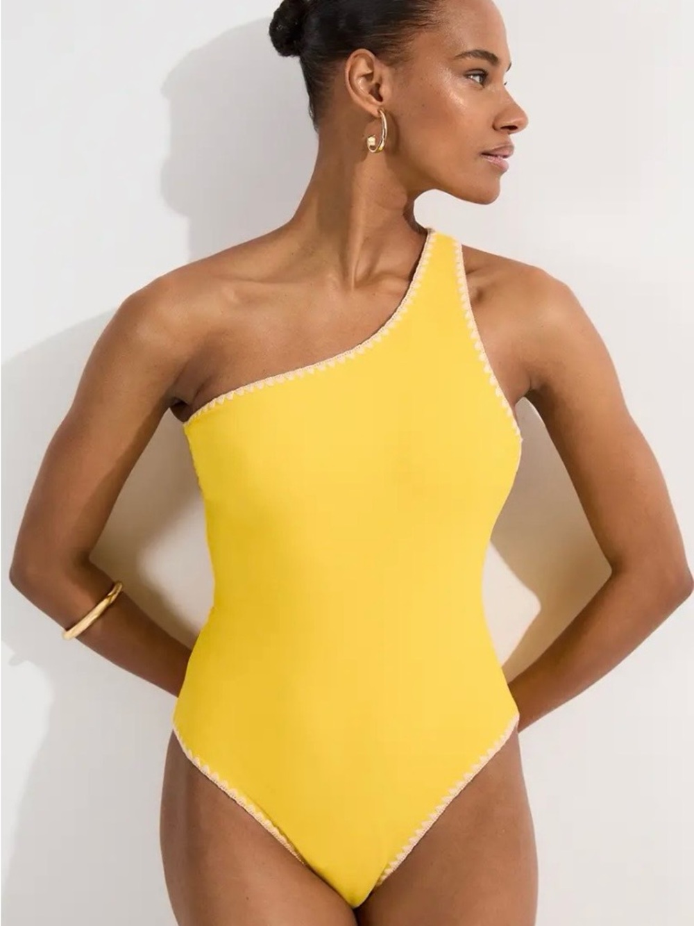 NWT Karen Millen Bright Yellow Stitch Detail One Shoulder Cut Out Swimsuit
